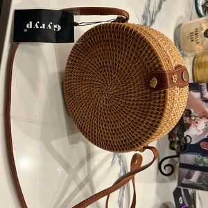 Small Round brown Wicker Purse with long strap